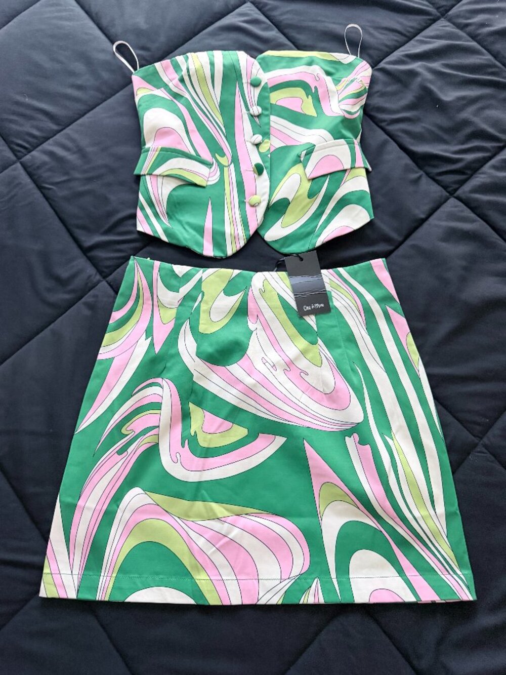 NWT One N More Retro Psychedelic Swirl Corset Top & Mini Skirt Set ✨